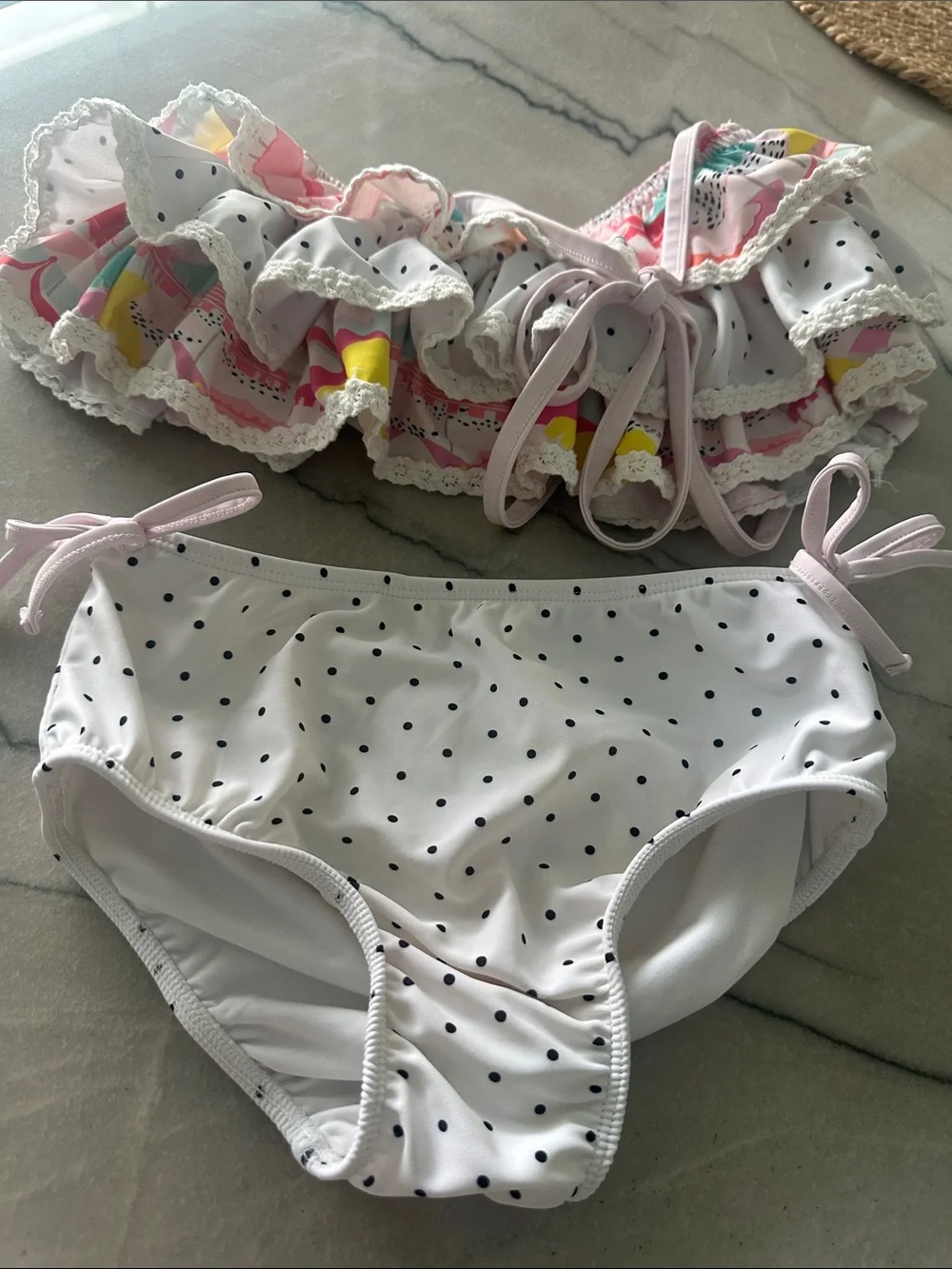 SweetHoney White Polka Dot Ruffle Bikini with Pink Accents